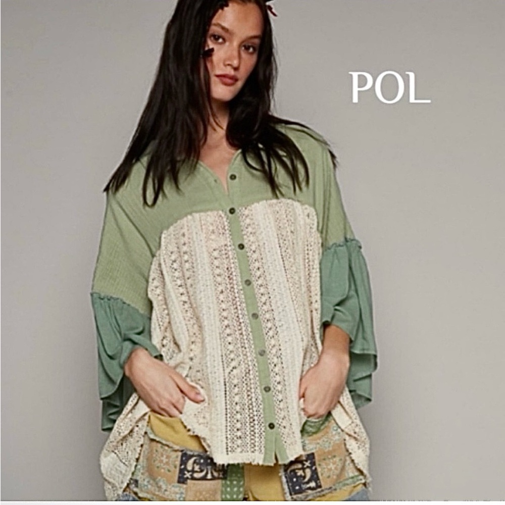 POL top frayed edge crochet Shacket long sleeves button down NWT Boutique